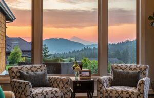 Living room with picture window overlooking sunrise and mountain backdrop