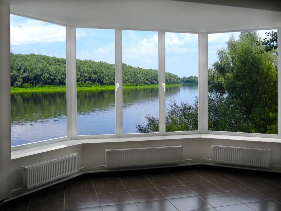 Bow windows overlooking river